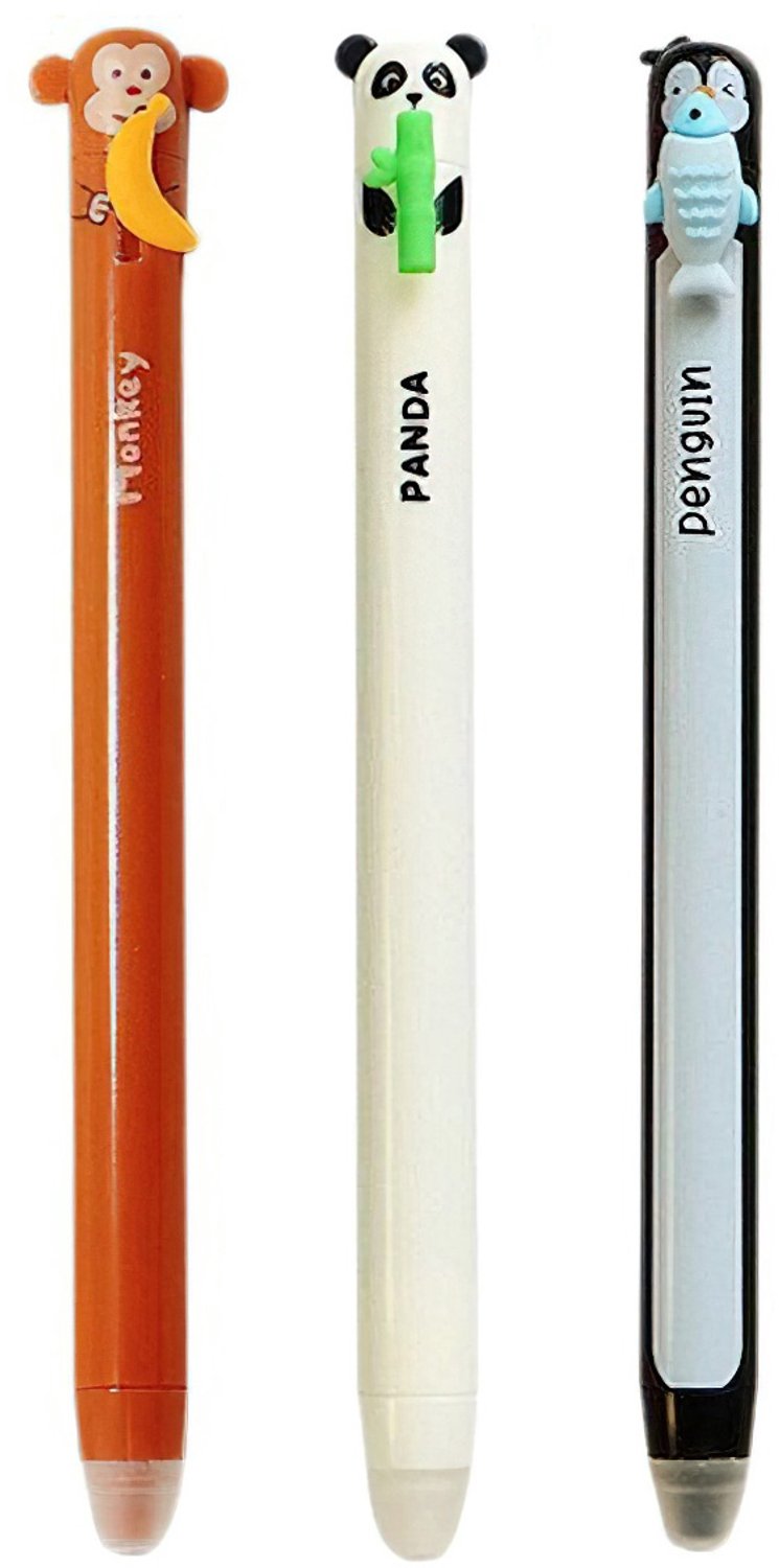 Ainy Kawaii dieren uitwisbare pen set | 3 uitgumbare pennen voor etui , pennenzak of pennenbak | Blauw Inkt | Panda, Pinguin en Aap design | Uitgumbare gelpennen schrijfwarenset voor kinderen en volwassenen