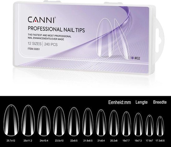 Canni opbergdoos met 240 transparante amandelvormige nageltips in 12 verschillende maten in mm.