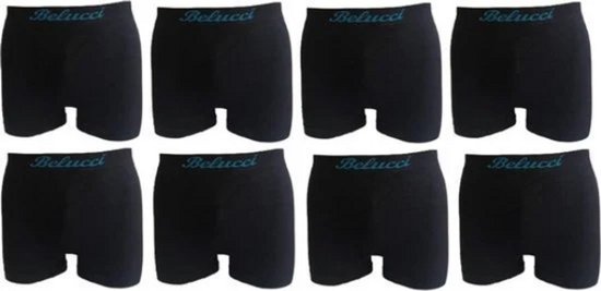 Set van acht zwarte naadloze microfiber heren boxershorts met blauw Belucci-logo op de tailleband.