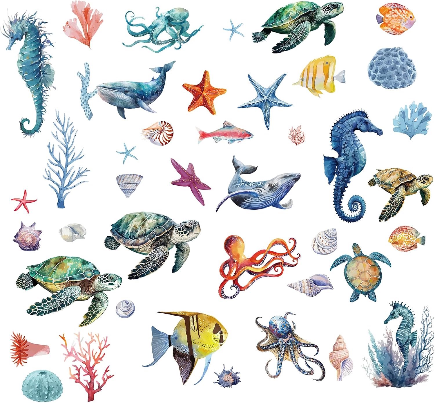 SnelShoppen - 8 Stuks Wandstickers Onderwaterwereld - Zee Dieren, Schildpadden, Medusen, Vissen - Verwijderbare Decoratie voor Kinderkamer, Slaapkamer