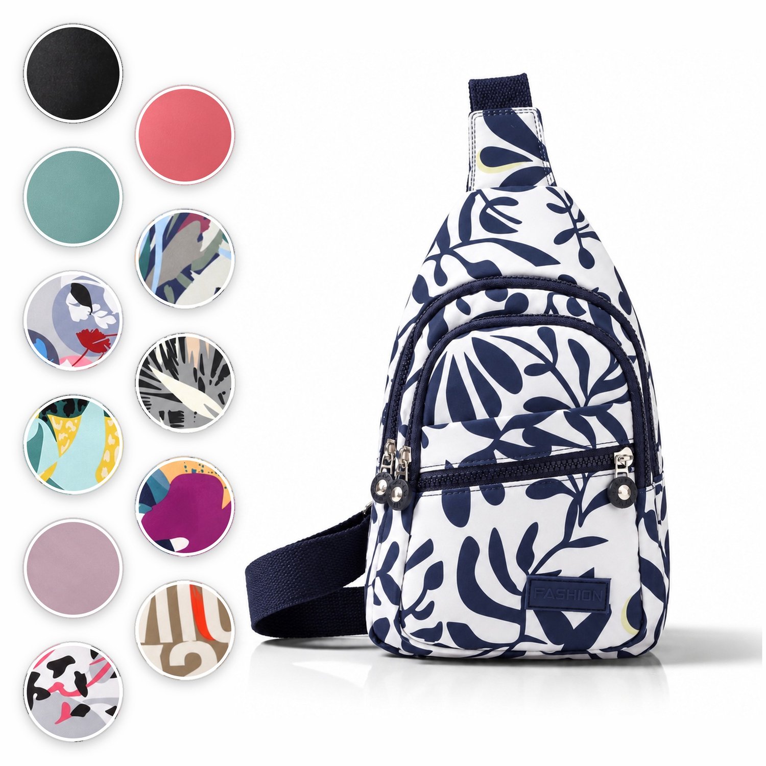 ÉLEVÉA® Crossbody Tas Dames - Schoudertas Dames - Anti Diefstal - Waterdicht en Compact - Handtas / Sling Bag - Crossbodytas Dames / Heren - Nektasje - Indigo Leaf Wit-Blauw - Crossover - Rugzak - Chestbag - Borsttas
