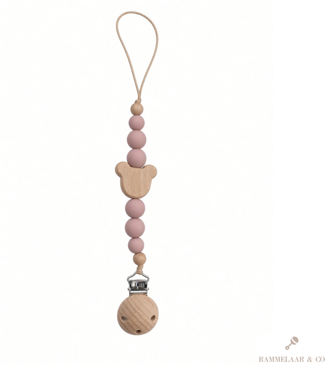 Rammelaar&Co Speenkoord baby – Silicone Kralen & Houten Clip – Fopspeenkoord baby - Kraamcadeau - Roze