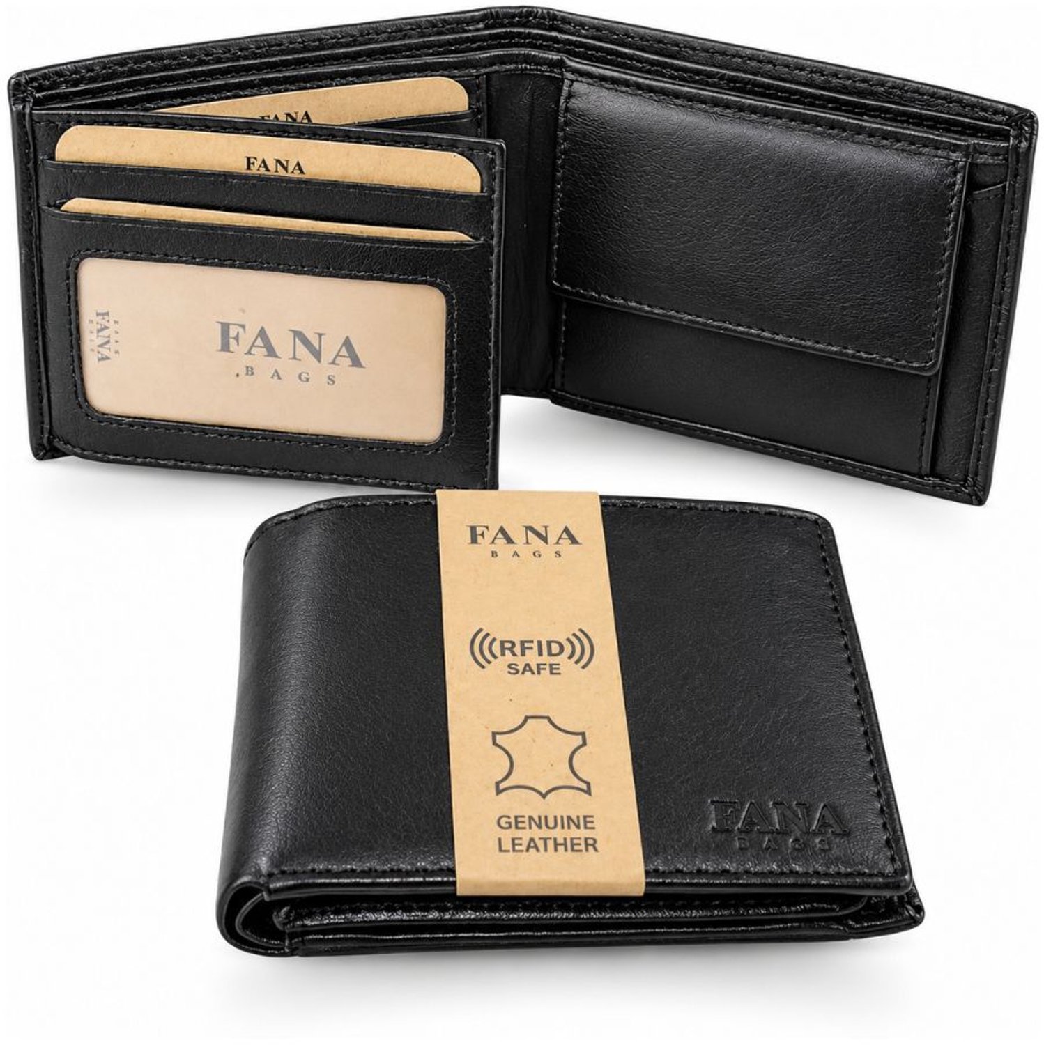Fana Bags® Heren Portemonnee Leer Zwart - RFID - Compacte Portemonnee Heren - Leren Portemonnees - Portefeuille Heren - Billfold -Kerstcadeau