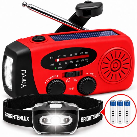 Rode Yarvu noodradio met zonnepaneel en handzwengel, inclusief Brightenlux hoofdlamp en drie AAA-batterijen.