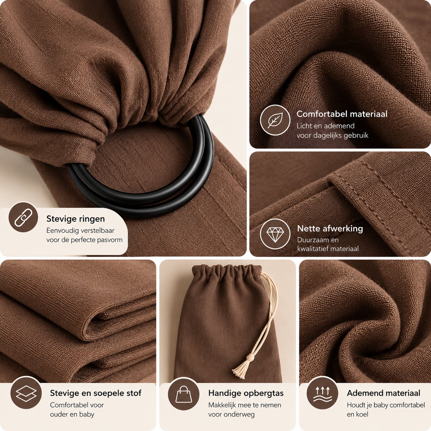 Ringsling Baby Draagdoek Bruin – Draagdoek met Ringen – Verstelbare Babydrager – Draagdoek Baby – foto 3