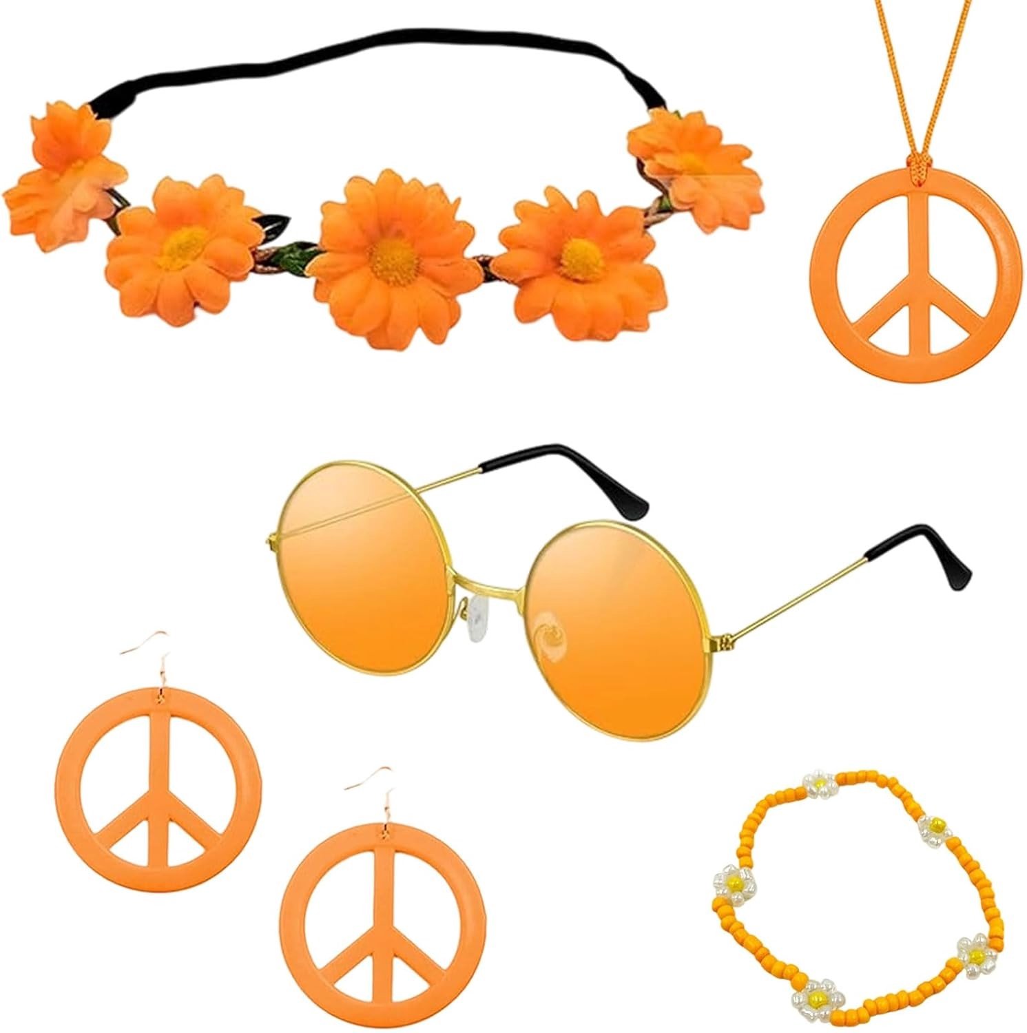Retro Hippie Kostuum Accessoire Set met Zonnebril, Vredesteken Ketting, Oorbellen en Haarband voor Feestjes en Thema-avonden