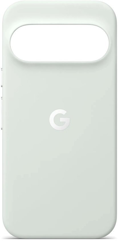 Achterkant van een lichtblauwe beschermhoes met een wit Google G-logo in het midden.