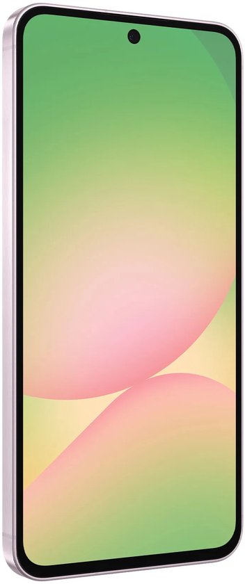 Schuin vooraanzicht van een roze smartphone met een kleurrijk groen en roze scherm.