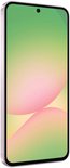Schuin vooraanzicht van een roze smartphone met een kleurrijk groen en roze scherm.