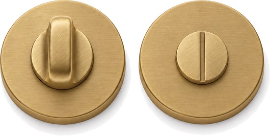 Set van twee geborsteld goudkleurige rozetten voor toiletdeuren: een met draaiknop en een met indicatorgleuf.