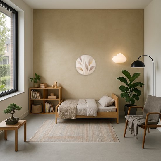 Ronde wandcirkel met abstracte bladeren in beige en goudtinten, opgehangen in een minimalistische slaapkamer.