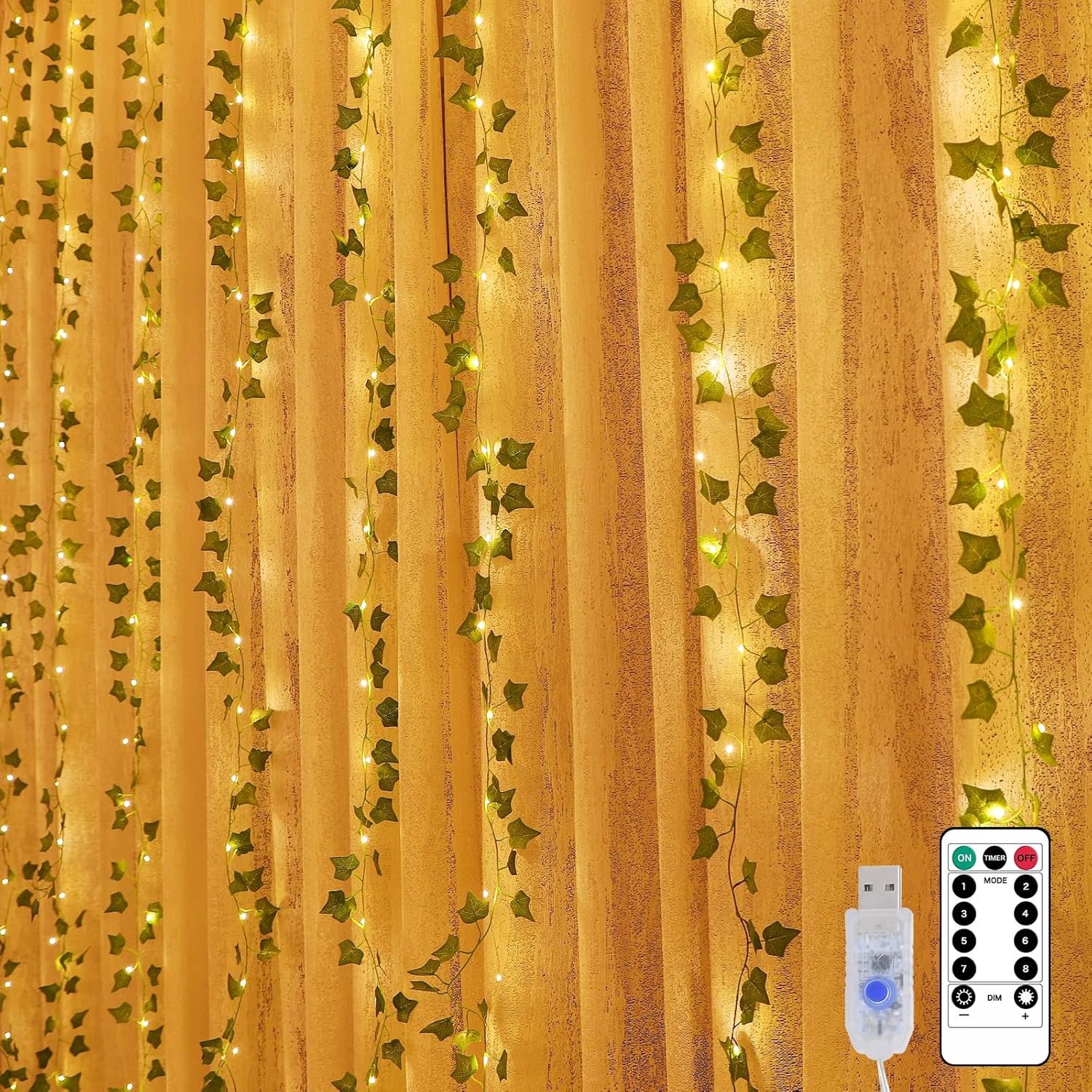 SnelShoppen - Pack van 10 LED Fairy Lights 2x2 m Kunstmatige Klimop USB Garland met 200 Warm Witte LED Lichten voor Lente Decoratie, Kinderkamer, Gord
