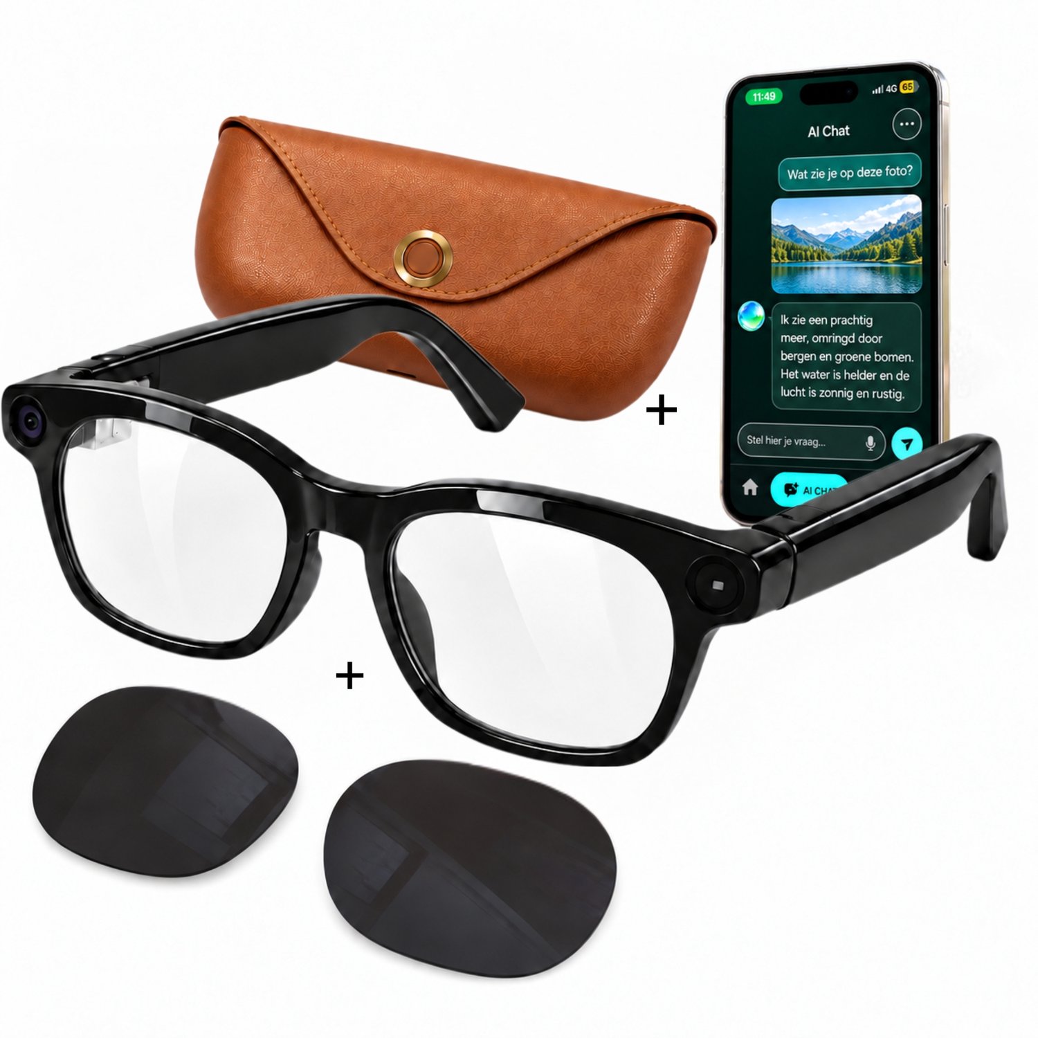SolutionMarket Camera Bril / Smart Glasses – 8MP – Full HD – AI Vertaling – Bellen & Muziek – Clip-on Zonnebril – Bruine Oplaadcase