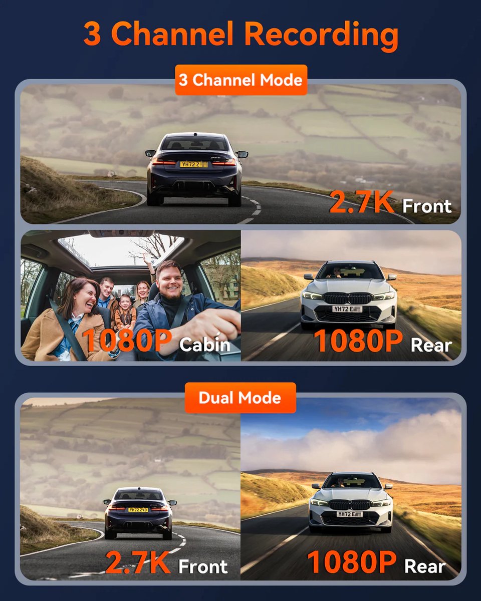 VANTRUE E3 3-kanaals 2.7K WiFi-dashcam – met GPS, spraakbesturing, STARVIS-sensor, infrarood nachtzicht, 24-uurs gebufferde parkeermodus, 3-weg opname (1944P + 1080P + 1080P) voor en achter, ondersteunt max. 512GB thumbnail 5