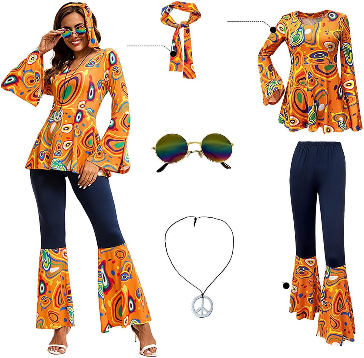 Hippiekostuum voor dames, hippiekleding, broek voor carnaval, discoparty, Halloween, carnaval, discooutfit