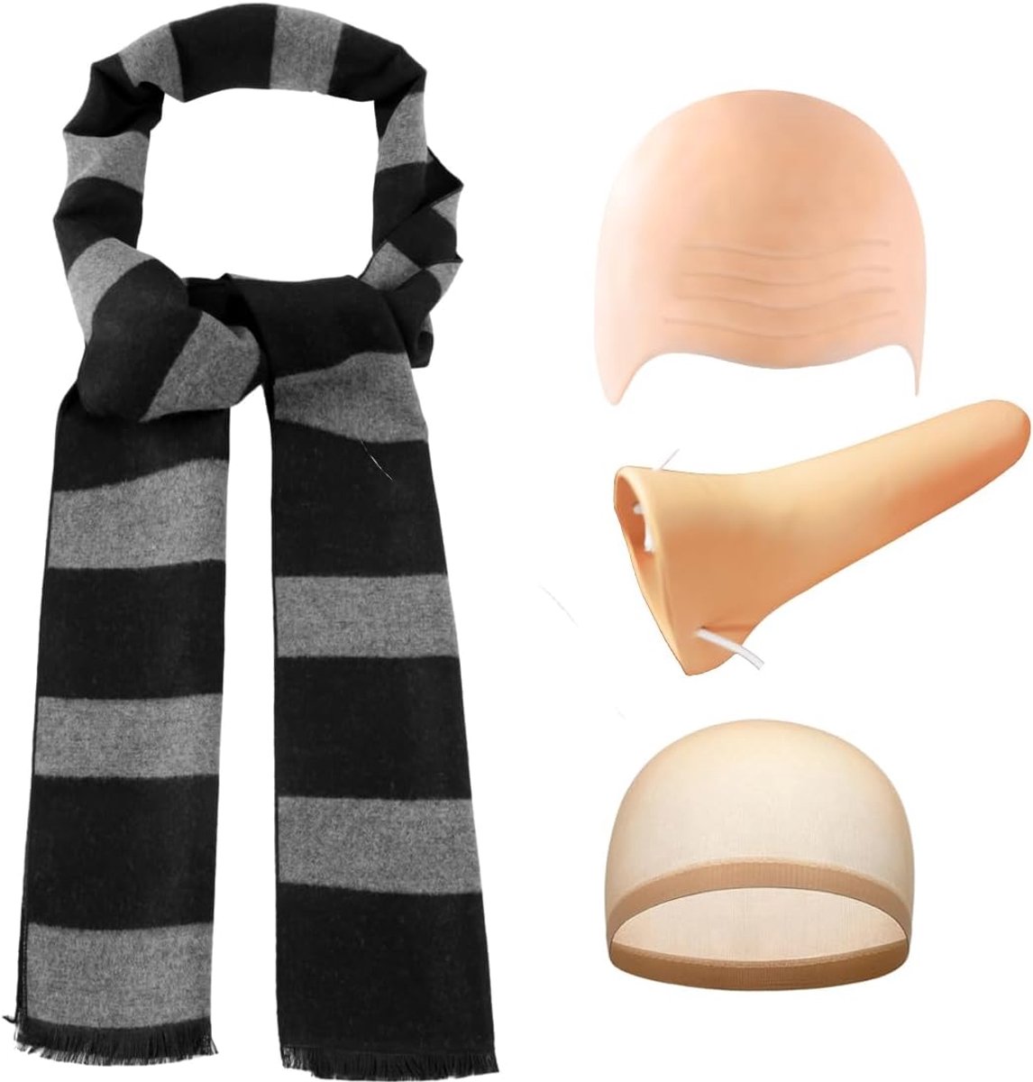 4 stuks zwarte en grijze sjaal met valse neus en kale kap, voor heren, Halloween-kostuumaccessoires