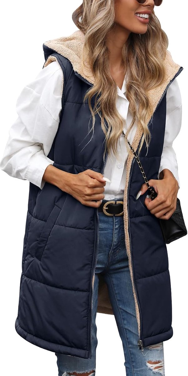 Bodywarmers voor dames, gewatteerde bodywarmers met ritssluiting, gewatteerd vest voor dames, lange bodywarmers met capuchon, mouwloos, donsjas, fleece, dik vest, wintervest
