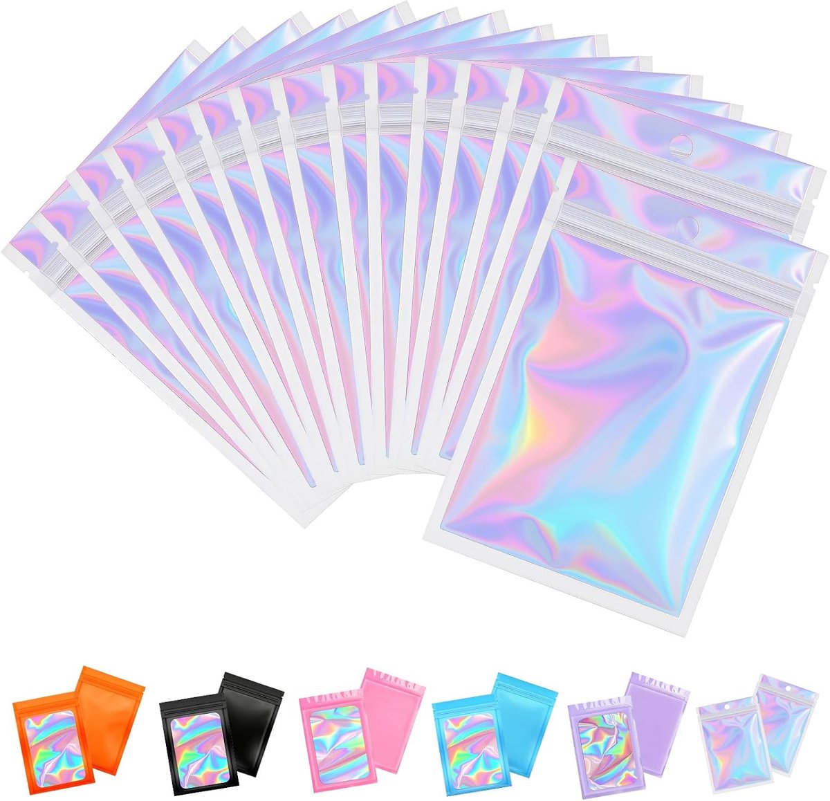 50 stuks Holografische Mylar Zakjes 12x20cm - Her-sluitbare Geurwerende Zakjes voor Voedselopslag, Lipgloss, Sieraden, Wimpers - Met Cadeauverpakking Grip Foil Ziplock