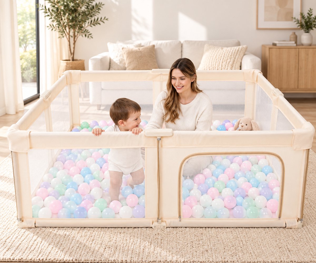 Lucellia® Grondbox Baby 130x130 cm Beige - Inklapbare Kruipbox & Kinderbox met Speelmat, 50 Ballen, Optrekringen & Draagtas - Kliksysteem