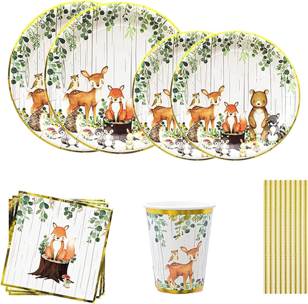 50 stuks dierenfeestservies, dieren verjaardagsbordenset, met borden, rietjes, servetten, voor kinderverjaardag, verjaardagsfeest, thema jungle, jungle, safari, dierentuin (10 gasten)