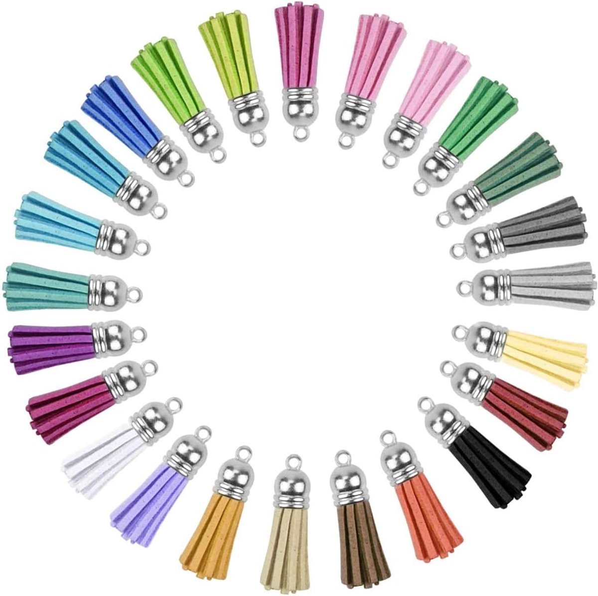 kwastje, 30 stuks bulk sleutelhanger kwastjes met zilveren dop gekleurde lederen kwastjes voor het maken van sieraden, doe-het-zelf bedels, sleutelhanger accessoire kunst