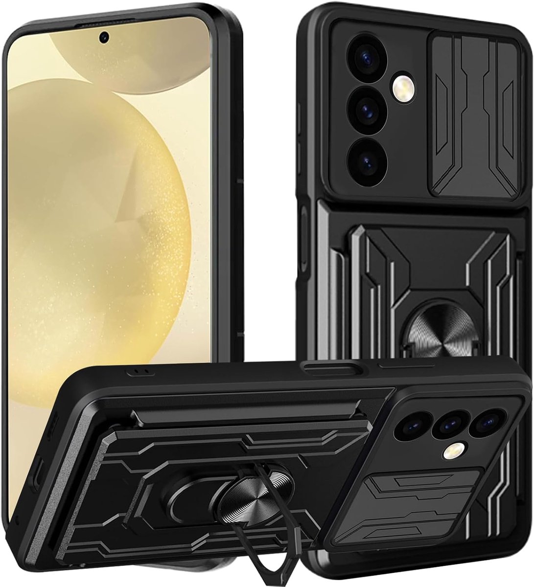Beschermhoes voor Samsung Galaxy S24 Plus, schokbestendig, robuuste beschermhoes, 360 graden draaibare houder, schuifcamerabescherming, kaartsleuven, valbestendig, zwart