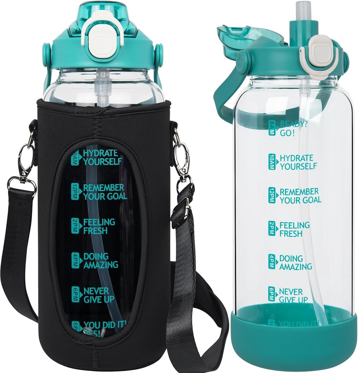 waterfles van 2 liter met rietje en motiverende tijdmarkeringen, grote drinkfles met fruitinfuser voor sap, smoothie, milkshake
