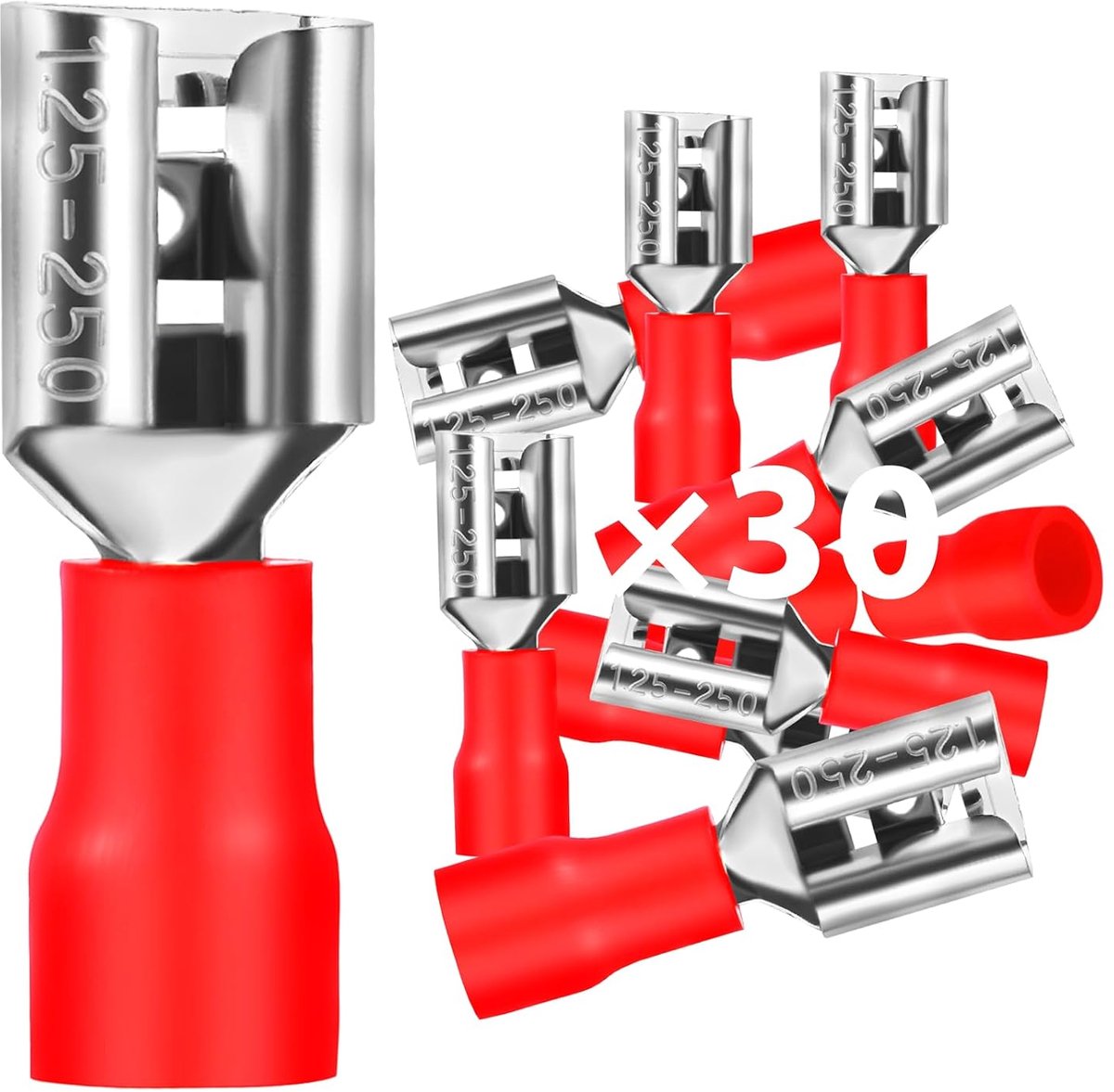 30 stuks platte stekkerhulzen, 0,5-1,5 mm²/steekbreedte 6,35 mm, PVC, platte stekker, gedeeltelijk geïsoleerd, kabelschoen, FDD-kabelconnector, van vertind koper