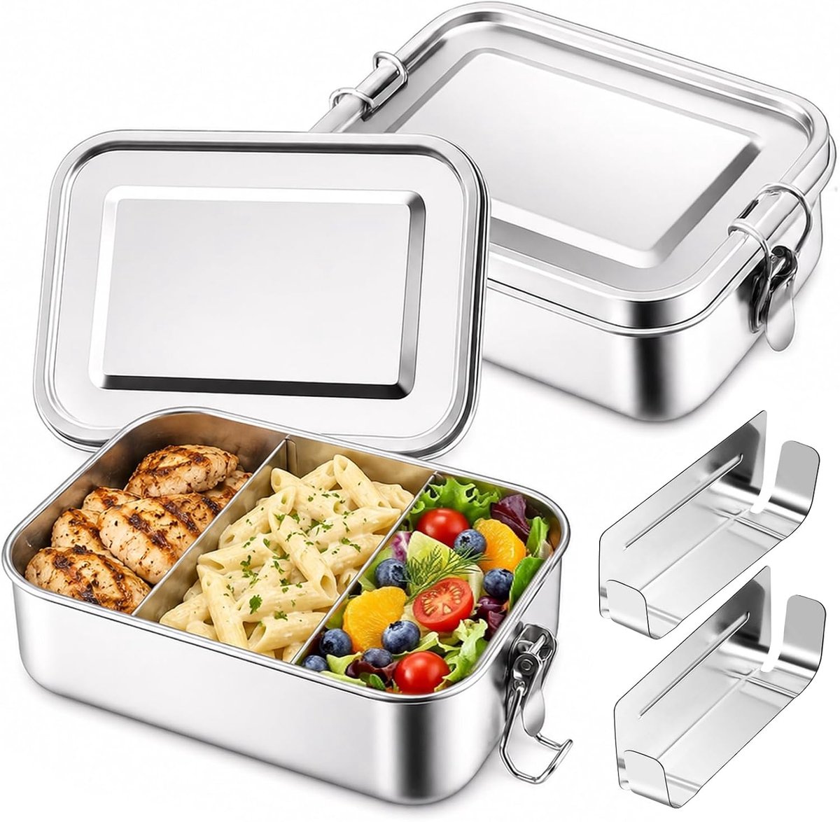 Broodtrommel met vakken, 2 stuks, roestvrij staal, Bento lunchbox