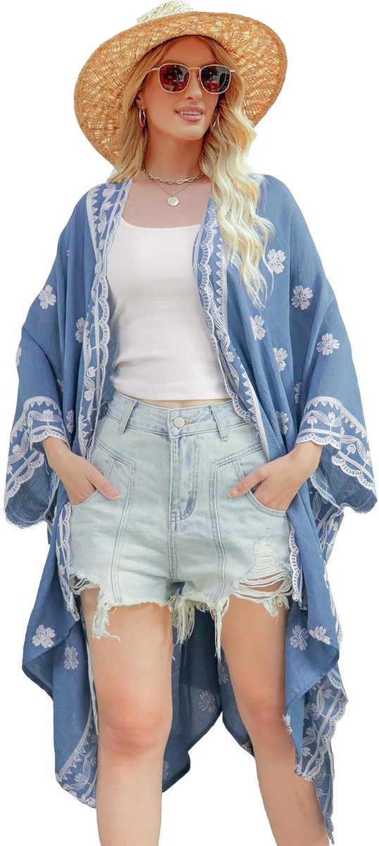 Geborduurde bloemen kimono strand dames losse kaftan boho strand bikini cover up lange shawl voor dames