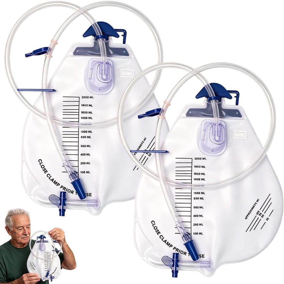 Stuks urinezak, 2000 ml, beenzak, urine-drainagezak met ventiel, T-afvoer