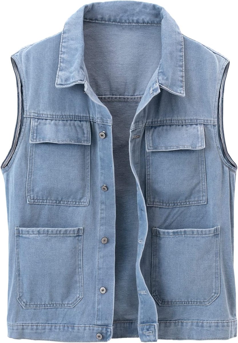 Denim vest voor heren, mouwloos jeansjas, relaxte pasvorm, button-down revers vest, B-licht Blauw, XXL