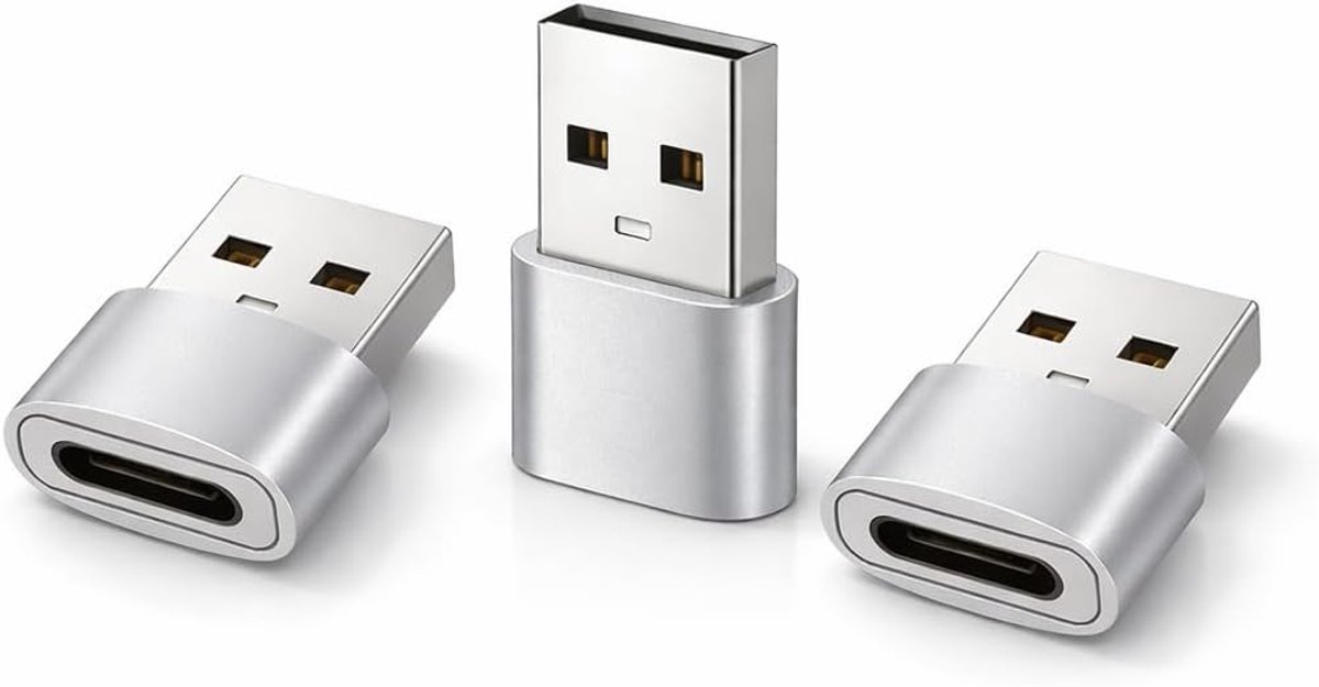 3 stuks USB-A naar USB-C adapter - compatibel met Apple iPhone 15/16/17, iPad, AirPods - Samsung Galaxy S23 / S24 / S25 - snel opladen en gegevens (zilver)