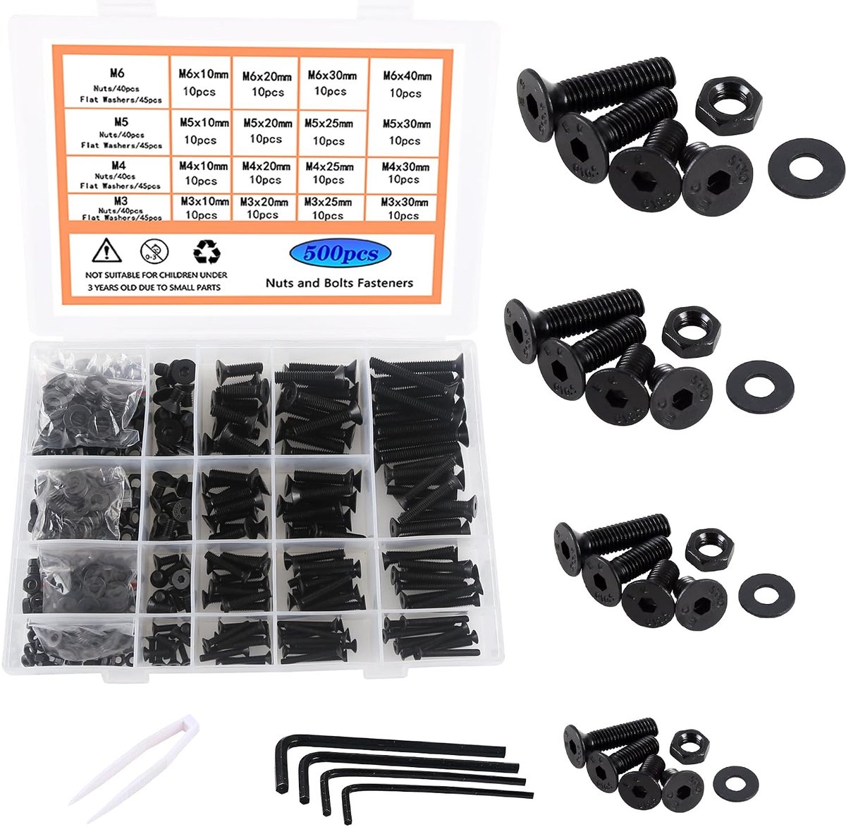 M4 M5 M6 12,9 graden legering staal zwarte platte kop bouten en moeren sluitringen set uitgerust met een inbussleutel classificatieveld 500 stuks