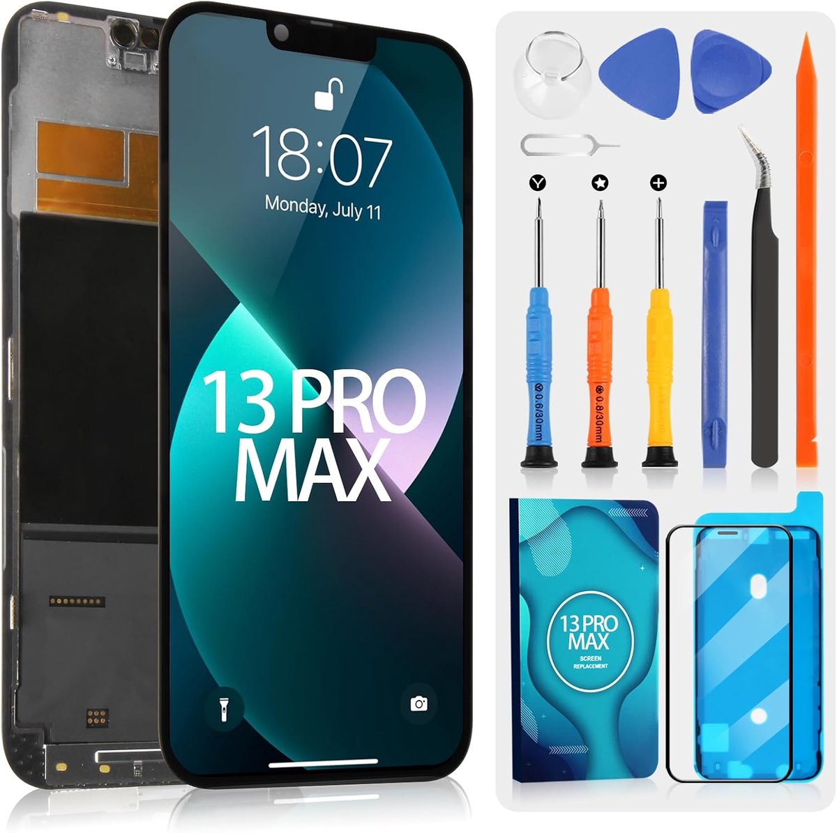 IPhone 13 Pro Max LCD-display, 3D Touch Screen voor iPhone 13 Pro Max A2484 A2641 A2643 A2644 A2645 LCD Touchscreen Digitazer Assembly vervanging met reparatieset (6,7 inch, zwart)