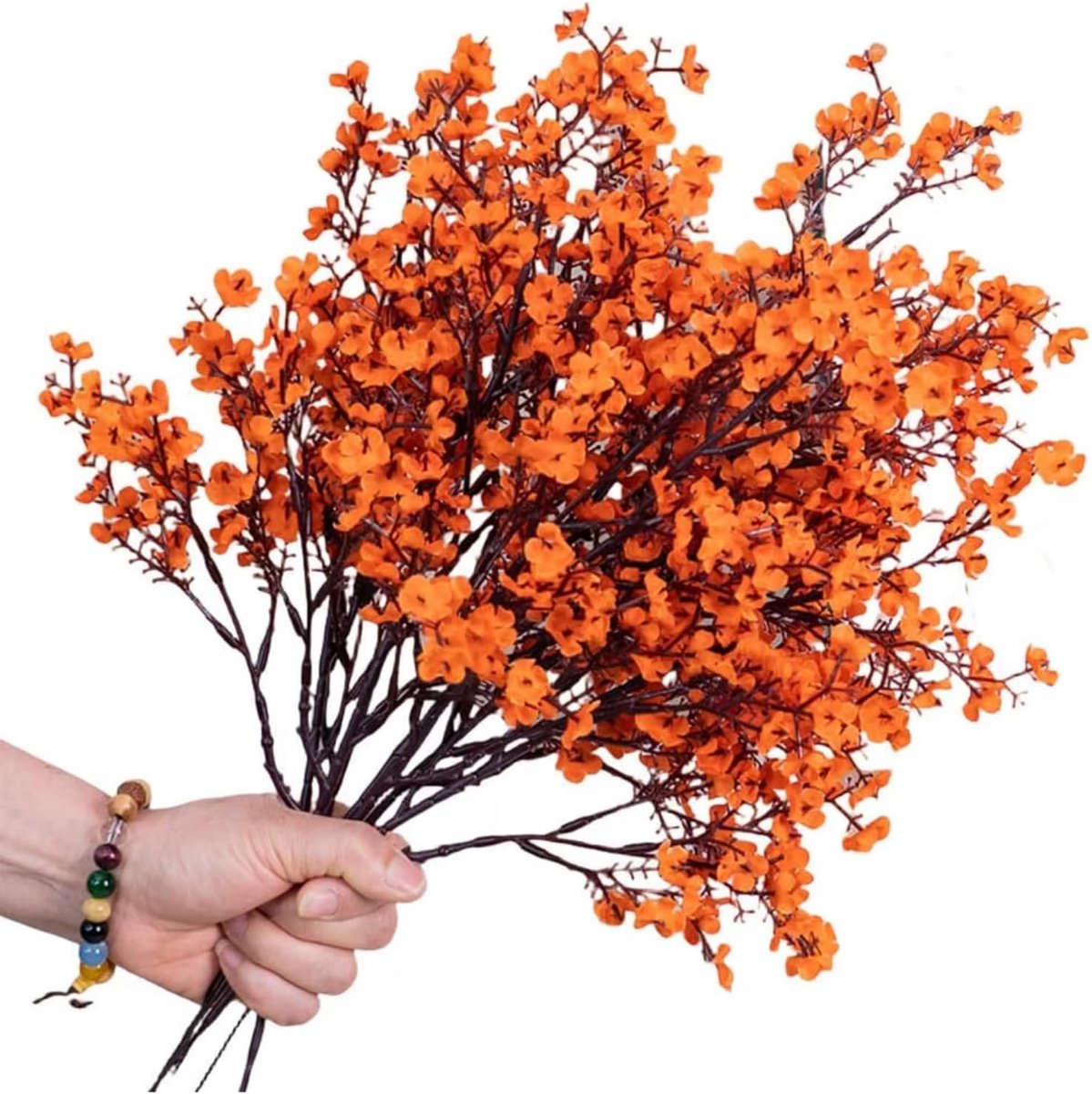 Kunstbloemen, baby's adem zijde kunstbloemen kunstbloemen, nepbloem met stengel voor doe-het-zelf huisboeket bloemstuk boerderijdecoratie (oranje)