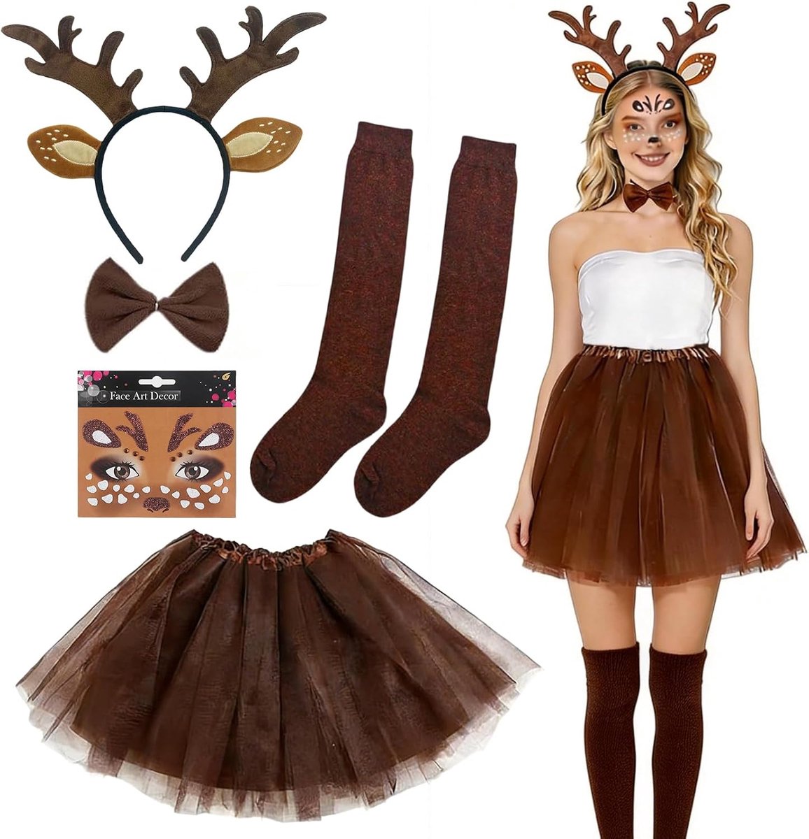 Hertenkostuum voor dames, carnavalskostuum set, bruine tutu, tule rok, gewei haarband, tijdelijke tatoeage, sokken, strik, carnaval, dierenkostuum voor volwassenen, voor Halloween, Kerstmis