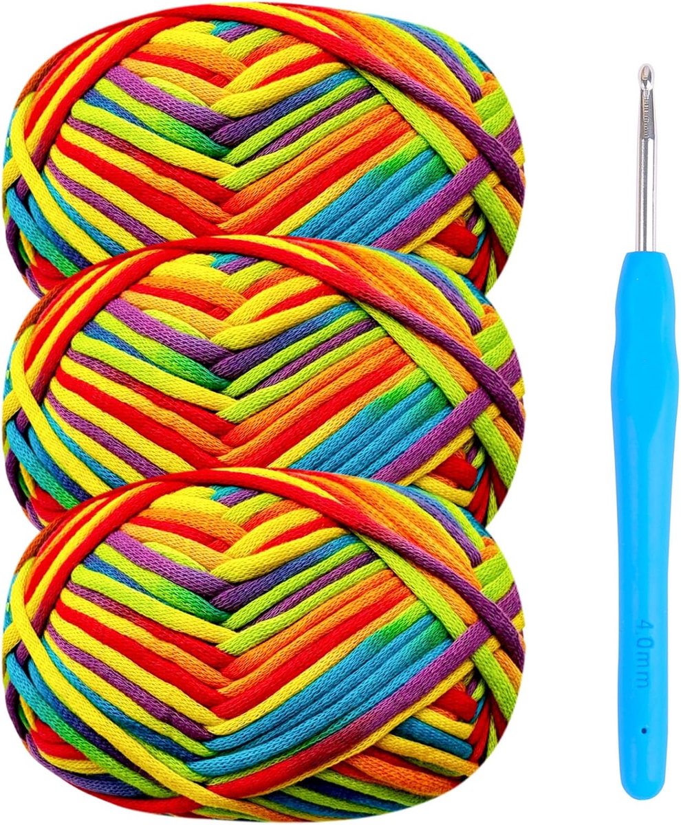 Garen om te haken, katoenen garen, dikke wol om te haken, 3 x 50 g, haakgaren voor beginners, amigurumi-garen met 4 mm haaknaald, Easy Crochet Starter Kit (regenboog)