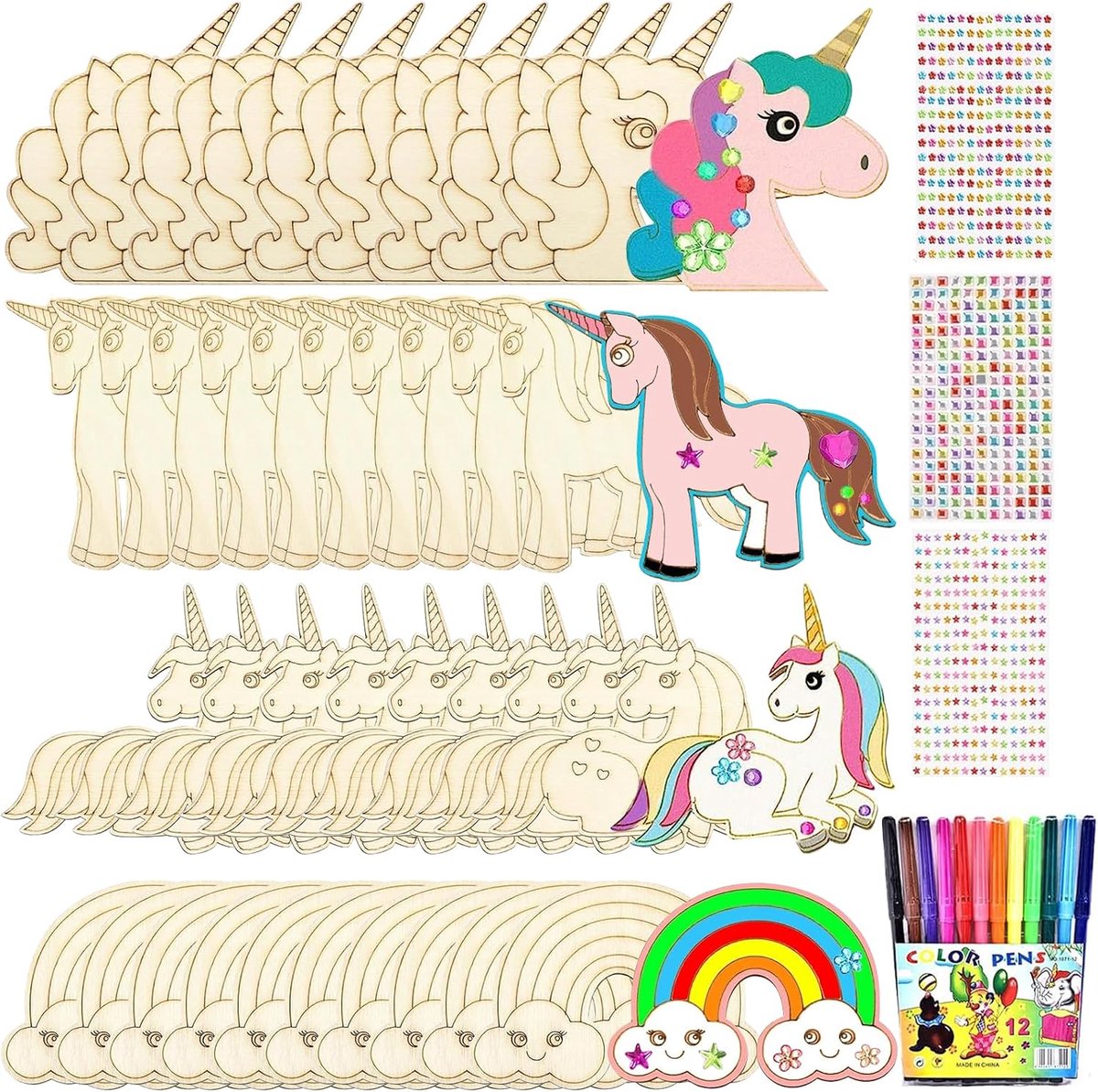 40 stuks eenhoorn-knutselset, eenhoorn knutselset om te beschilderen, houten knutselsets voor kinderen met 12 aquarelstiften + 3 paillettenstickers, kinderverjaardag, knutselen, knutselsets voor