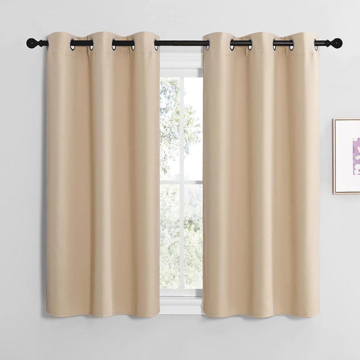 Gordijnen, ondoorzichtig, bistrogordijnen, set van 2, 120 x 107 cm (h x b), korte raamgordijnen met ringen, kort, thermogordijn, raamgordijnen, modern, slaapkamer, Biscotti beige, 120 x 107