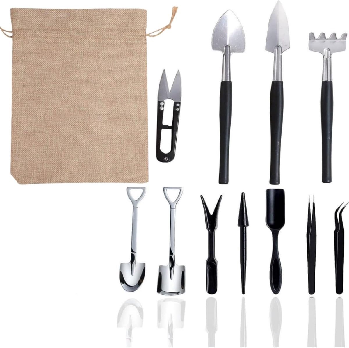 12 stuks mini-tuingereedschapsset met draagtas, planten bonsai gereedschapsset, robuust tuingereedschap voor tuinieren, verpotten, vetplanten, plantenverzorging, plantenpotbloemen, losse bodem (zwart)