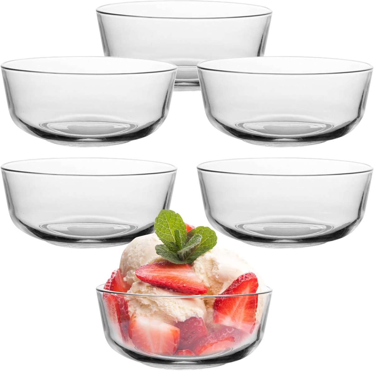 Glazenset, 6 stuks, dessertglazen, 250 ml dessertkommen, glazen kommen, stapelbare glazen schalen, dessertbekers, puddingkommen, fruitserveerschalen, sauskommen, dessertkommen