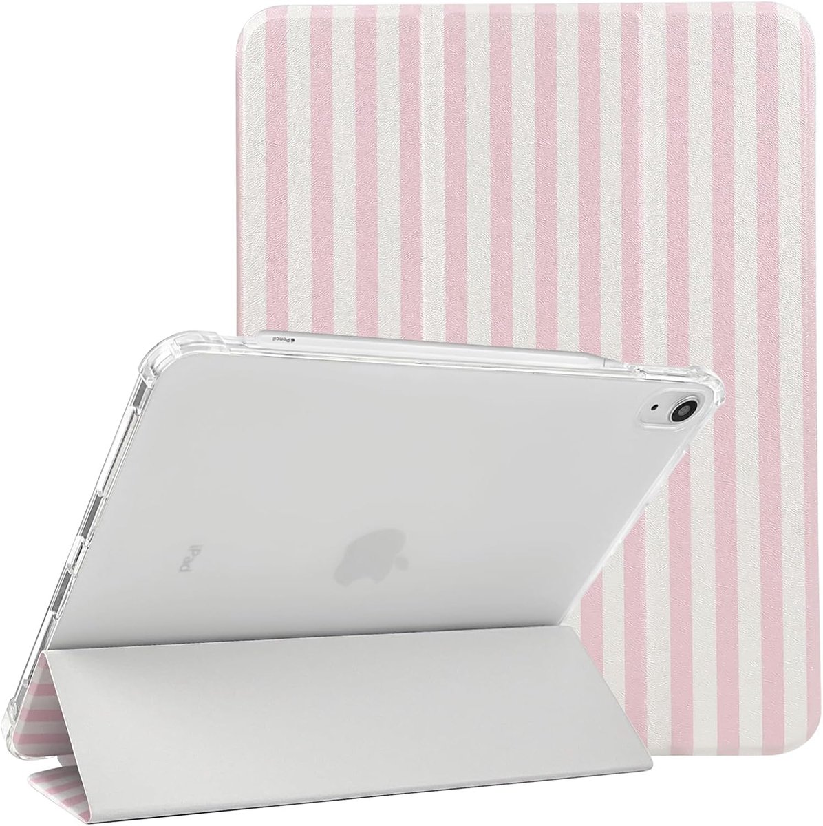 Hoes voor iPad 10e Gen (10.9", 2022) / iPad 11e Gen (11", A16, 2025) met Pennenhouder Schattig Kleurrijk Gestreept Esthetisch Ontwerp Zacht TPU Triple Standaard beschermhoes Hoes-Roze&Wit