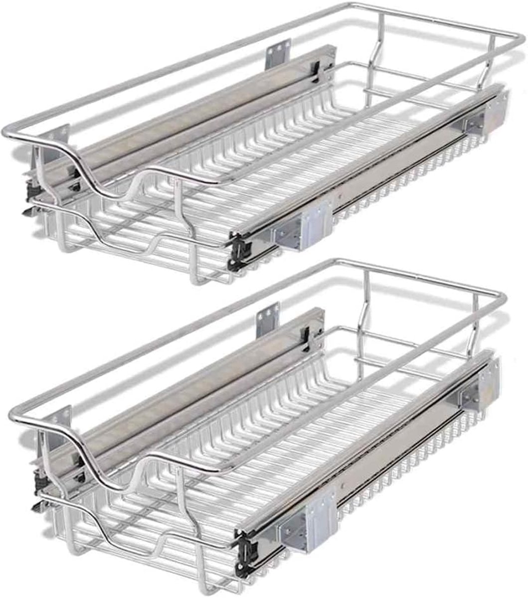 Uittrekbaar 300 mm, set van 2 draadmanden, lade voor keukenkasten, telescopische uittrekbare metalen zilver, keukenuittrekbaar met kogelgelagerde rails