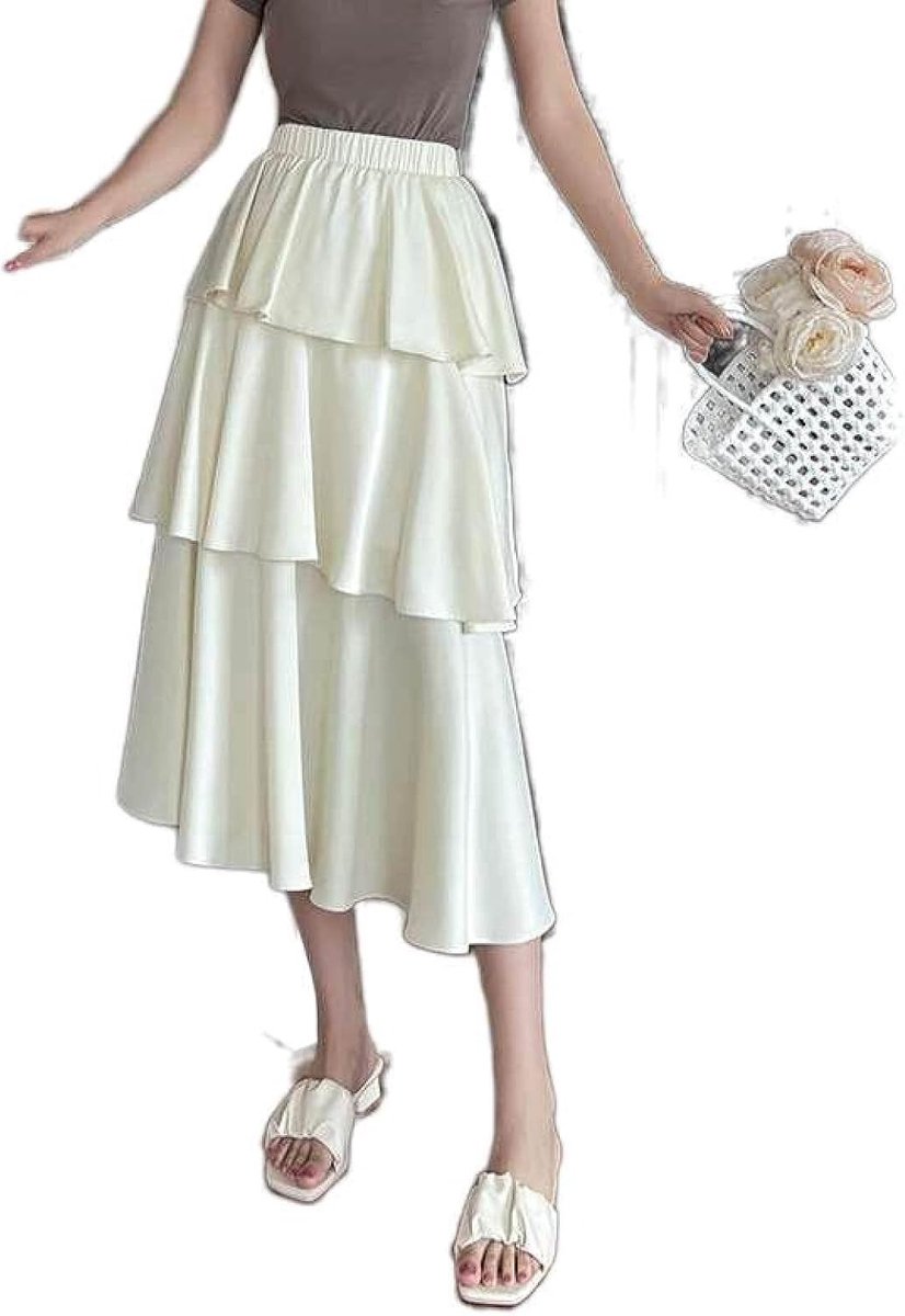 Hoge Taille Azijnvezel Satijn Taartrok - Zomer Veelzijdig Effen Kleur Elastische Taille Halflange Rok Kleine Onregelmatige Rok Met Ruches A-Lijn Lange Rok,Abrikoos,Xs
