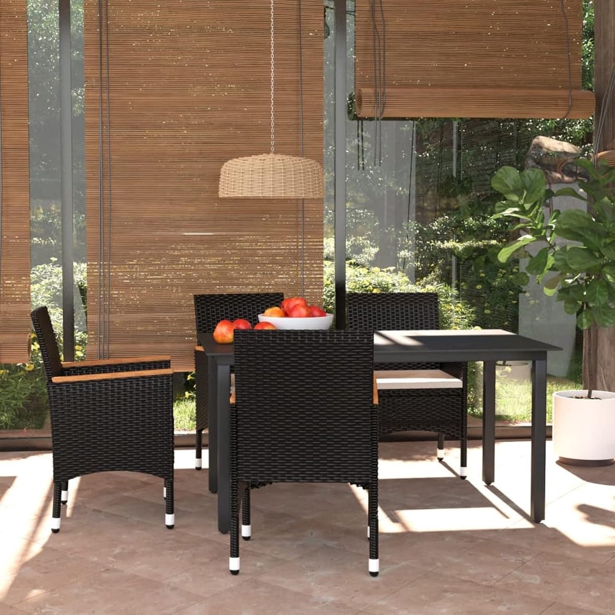 Set van 5 glazen tafels en 4 stoelen, voor de tuin, buiten, van polyrotan, glas, zwart, hout, tafel- en tuinmeubelset voor buiten, terras, tuinmeubelen, outdoor, balkon