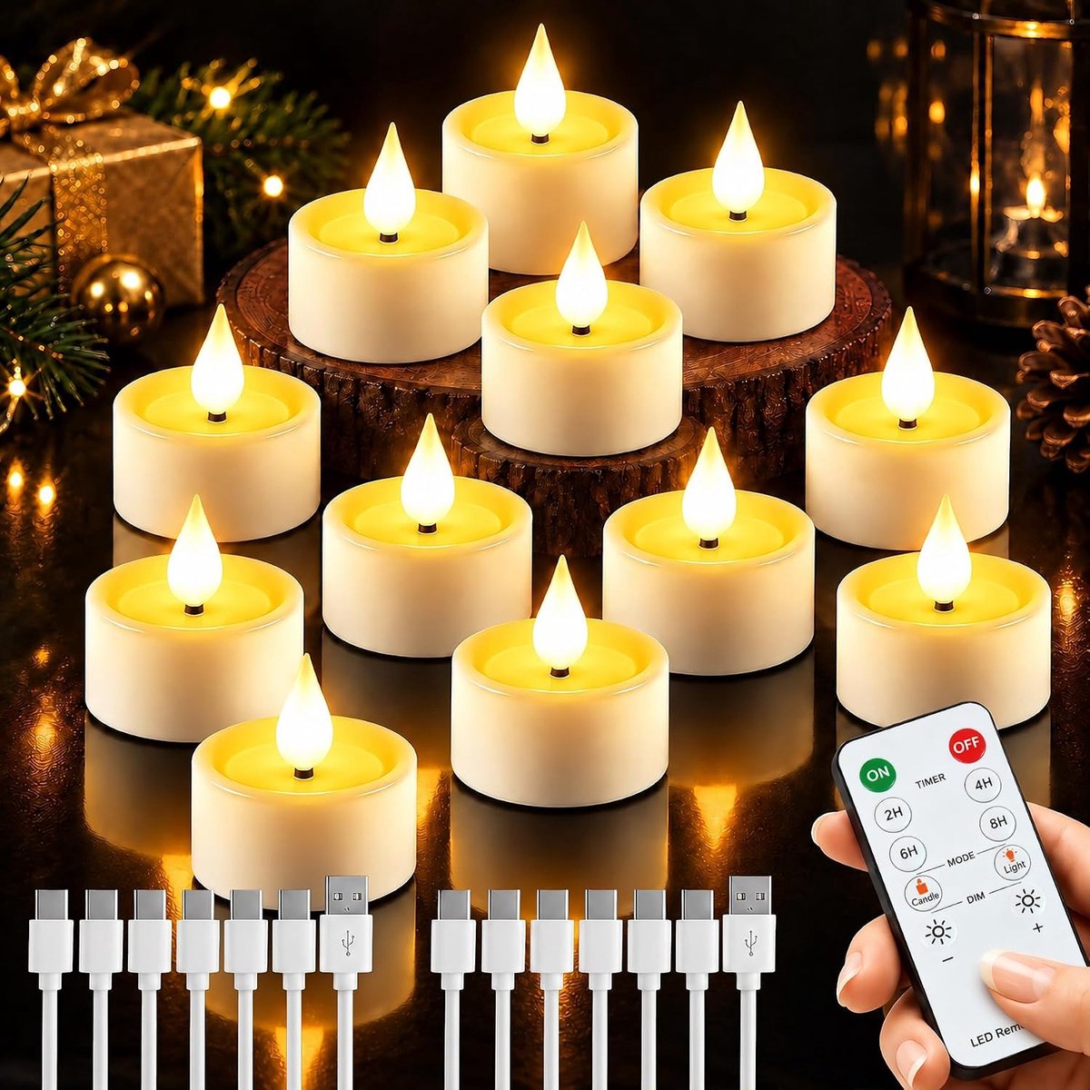 Oplaadbaar, 12 stuks, warmwit, dimbaar, met afstandsbediening en timer, vlamloze elektrische kaarsen met USB-oplaadaansluiting, voor bruiloft, feest, woonkamer en kerstdecoratie
