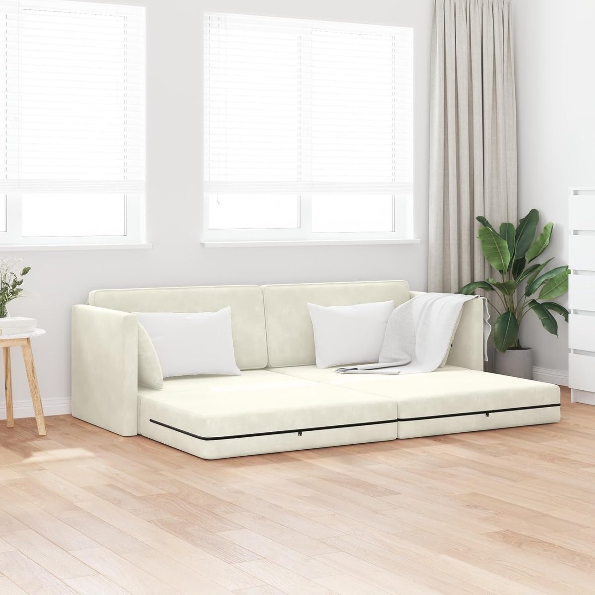 2-in-1 crème 213 x 144 x 60 cm Velouté stof dagbed logeerbed met afneembare hoezen en robuuste houten lijst voor woonkamer slaapkamer