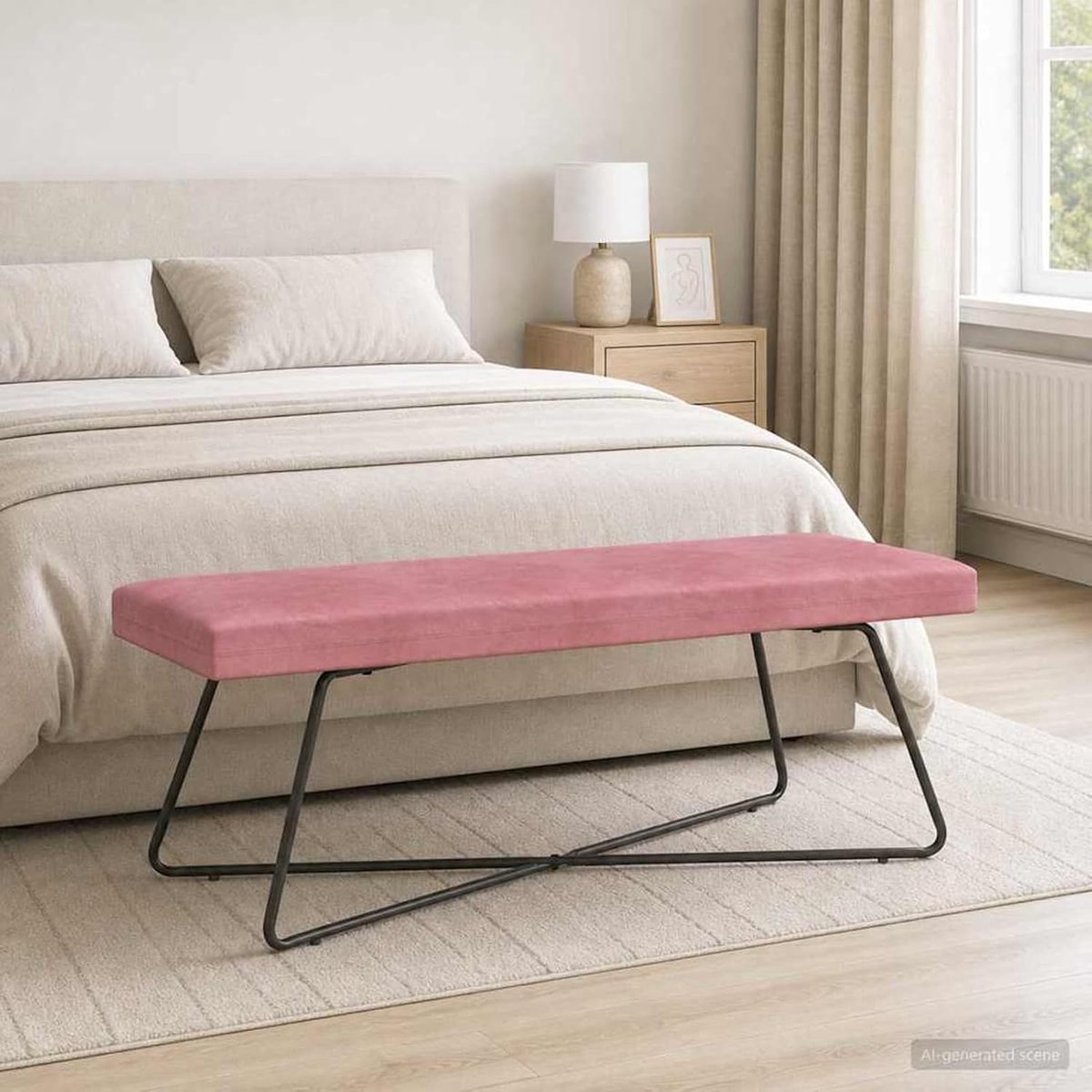 Bankbank in rosé design, gevoerde zitbank met fluwelen bekleding en houten poten, 110 x 40 x 45 cm, voor woonkamer, hal of slaapkamer als stijlvolle opbergruimte
