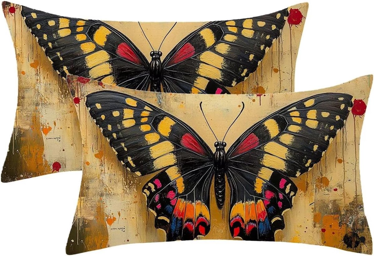 Kussensloop, 40 x 70 cm, 2 stuks, zwart, kussensloop, vlindermotief, decoratief, kussensloop, dubbelzijdig, bedrukt, met onzichtbare ritssluiting, voor buiten, waterdicht, wasbaar, linnen materiaal